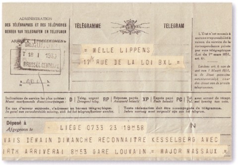Telegram van zaterdag 18.01.1930 waarin majoor Massaux de aankomst van hemzelf en Wolf Hirth in Leuven aankondigt (archief familie Massaux)