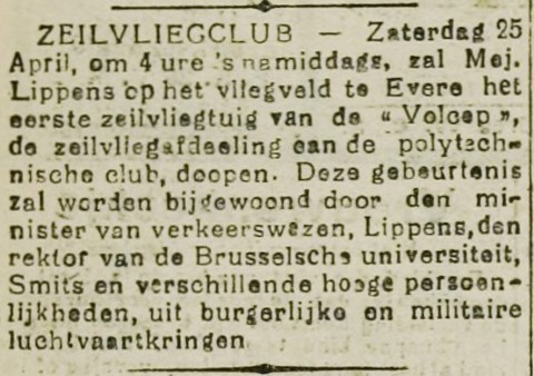 Inhuldiging van de Sabca Junior van VOLCEP door Suzanne Lippens (aankondiging in de Aalsterse krant "De Volksstem" op vrijdag 24.04.1931)