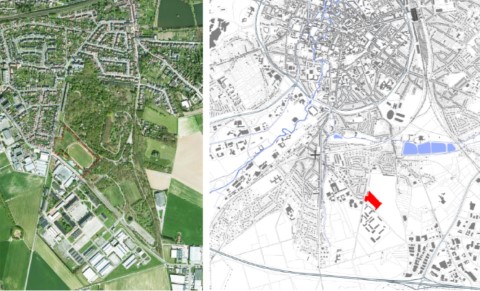 Onteigening van een stuk militair oefenterrein (rood aangeduid) voor het aanleggen van twee hockeyterreinen (plan en luchtfoto dd. 2014)